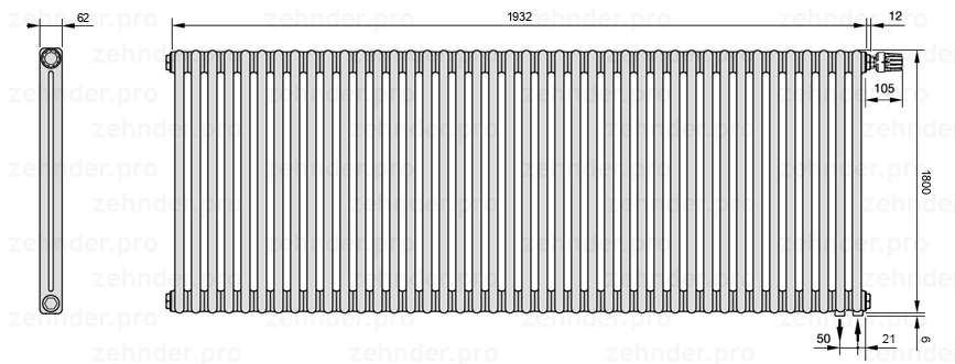 Схема (чертеж) Радиатор Zehnder Charleston 2180/42 №V002 Technoline TL